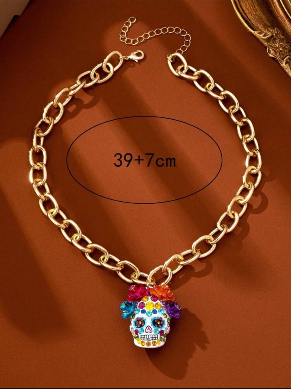 Gold Chain Necklace with Multicolor Skull Pendant nwt adjustable - Picture 6 of 6